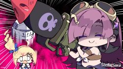 Rule 34 | 2girls, absurdres, ahoge, bandeau, bare shoulders, black gloves, blank eyes, blonde hair, blunt bangs, brown bandeau, c:, colored eyelashes, commentary, curtained hair, emphasis lines, english commentary, false smile, gloves, goggles, goggles on head, helmet, highres, mole, mole under mouth, multiple girls, neuvira (stella sora), official art, pink background, purple hair, rocket launcher, rpg (weapon), shaded face, side ponytail, sidelocks, smile, solo focus, stella sora, weapon