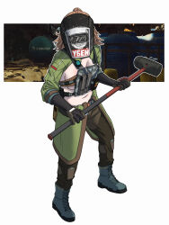1girl bathilde_(girls&#039;_frontline_2) black_gloves boots breast_press breasts cleavage cosplay elbow_gloves escape_from_tarkov fighting_stance full_body girls&#039;_frontline girls&#039;_frontline_2:_exilium gloves green_jacket hammer highres holding holding_hammer jacket lace-up_boots large_breasts leaning_forward looking_at_viewer mask medium_hair navel no_bra open_clothes open_jacket orange_hair pants russian_text skin_tight skull_print sledgehammer solo spartagordon standing tagilla_(escape_from_tarkov) tagilla_(escape_from_tarkov)_cosplay welding_mask