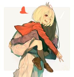 2girls belt black_hair black_socks blonde_hair blue_belt blue_dress blush bob_cut border brown_footwear carrying carrying_person chinese_commentary commentary_request dated dkl_(dinosaurkl2) dress grey_dress hair_between_eyes hair_ribbon heart highres hug inoue_takina kneehighs loafers long_hair long_sleeves looking_at_viewer lycoris_recoil lycoris_uniform multiple_girls nishikigi_chisato one_eye_closed one_side_up open_mouth outside_border pleated_dress red_dress red_eyes red_ribbon ribbon shoes short_hair simple_background socks teeth two-tone_dress upper_teeth_only v white_background white_border yuri