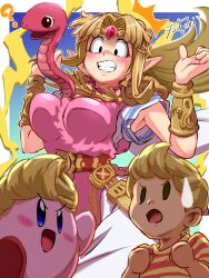 1girl ? artist_name belt blonde_hair blush breasts circlet copy_ability dress earrings highres jewelry kirby kirby_(series) long_hair lucas_(mother_3) mother_(series) nintendo open_mouth parted_bangs pointy_ears princess_zelda quiff rope_snake shirt short_hair striped_clothes striped_shirt super_smash_bros. sweatdrop the_legend_of_zelda you_bird