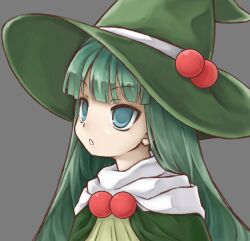 Rule 34 | 1girl, aged down, blue eyes, cloak, commentary request, green cloak, green hair, grey background, hat, kabisuke, looking to the side, masou shizuka, open mouth, rance (series), rance ix, simple background, solo, upper body, witch hat