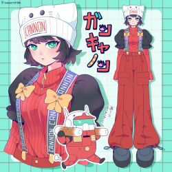 1girl animal_hat artist_name baggy_pants beanie black_boots black_hair black_sleeves boots bow breasts buttons cat_hat character_name closed_mouth clothes_writing commentary cosplay cropped_torso frilled_sleeves frills full_body green_eyes grid_background guncannon guncannon_(cosplay) gundam hat hat_writing heart high-waist_pants highres holding_cannon long_sleeves looking_at_viewer mecha medium_breasts mobile_suit mobile_suit_gundam multiple_views pants platform_boots puffy_short_sleeves puffy_sleeves red_pants red_sweater ribbed_sweater robot shira_neri short_hair short_sleeves sleeves_past_wrists standing suspenders sweater translated walking white_hat yellow_bow zipper zipper_pull_tab