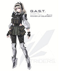 Rule 34 | 1girl, black gloves, black hairband, black pantyhose, blonde hair, blue eyes, boots, english text, fingerless gloves, full body, gloves, grey hair, hairband, headset, high heels, highres, long hair, looking at viewer, military, military combat uniform, military uniform, original, pantyhose, pleated skirt, ponytail, pouch, radio, sherman (egnk2525), simple background, skirt, solo, standing, tachi-e, tactical clothes, white background