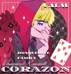 1boy black_shirt blonde_hair blunt_bangs card cigarette circle collared_shirt commentary_request donquixote_rocinante feather_cape highres holding holding_cigarette hood makeup male_focus mecuru_mecu one_piece profile shirt short_hair solo