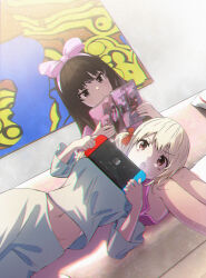 2girls :o :| absurdres black_hair blonde_hair blush_stickers bow breasts brown_eyes chromatic_aberration closed_mouth commentary couch cowboy_shot edgar_syu fang furrowed_brow groin hair_bow highres holding holding_magazine indoors inoue_takina long_hair long_sleeves lycoris_recoil lying magazine_(object) medium_breasts medium_hair midriff_peek multiple_girls navel nintendo_switch nishikigi_chisato on_back pink_bow pink_shorts playing_games red_bow red_eyes shorts side_ponytail sitting skin_fang sleepwear white_shorts