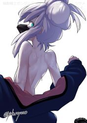 Rule 34 | 1girl, aqua eyes, artist name, back, back focus, backlighting, black mask, blue jacket, character name, commentary request, copyright name, covered mouth, deux murasame, dressing, gundam, gundam gquuuuuux, highres, jacket, lone nape hair, looking at viewer, looking back, mask, masked, mouth mask, no bra, partial commentary, profile, shoe soles, sidelocks, simple background, solo, sweat, topless female, twitter username, two-sided fabric, updo, white background, white hair, yakuoyoso