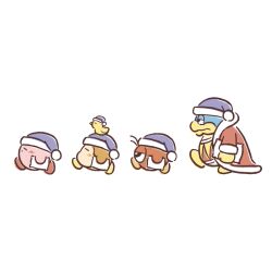 animal animal_on_head artist_request bird bird_on_head blush closed_eyes closed_mouth coat from_side full_body half-closed_eyes hat holding holding_pillow king_dedede kirby kirby_(series) nightcap nintendo official_art on_head one-eyed open_clothes open_coat pillow purple_hat red_coat second-party_source transparent_background twizzy waddle_dee waddle_doo yellow_bird