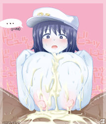 Rule 34 | ..., 1boy, 1girl, anchor symbol, black eyes, blue hair, blush, breasts, bright pupils, colored skin, commentary request, cookie (touhou), cum, ejaculation, excessive cum, hat, highres, huge breasts, itini-sanshi, looking at viewer, milk (cookie), murasa minamitsu, nipples, open mouth, paizuri, pink background, pov, pov crotch, sailor hat, short hair, solo focus, spoken ellipsis, touhou, upper body, white hat, white pupils, white skin