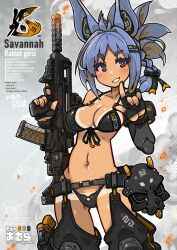 1girl animal_ears assault_rifle bikini black_bikini black_gloves blue_hair breasts bullpup chiappa_rhino_50ds commission cowboy_shot english_text fingerless_gloves front-tie_bikini_top front-tie_top gloves gun halterneck handgun highres holding holding_gun holding_weapon holster looking_at_viewer mask medium_breasts nancou_(nankou) navel orange_eyes original rabbit_ears revolver rifle short_hair solo suppressor swimsuit tan tanline thigh_holster trigger_discipline unworn_mask vhs-d2 weapon