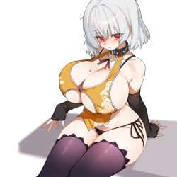 1girl absurdres arm_support artier&#039;s_character bare_shoulders black_collar black_gloves black_panties blush bra_strap breasts chinese_clothes cleavage closed_mouth clothing_cutout collar dress elbow_gloves fingerless_gloves floral_print_dress gloves hair_intakes halter_dress halterneck highres huge_breasts looking_at_viewer mole mole_on_breast mole_under_eye original panties pelvic_curtain print_dress purple_thighhighs red_eyes short_hair side-tie_panties sideless_dress sideless_outfit simple_background sitting skindentation solo thighhighs thighs underboob_cutout underwear white_background white_hair yellow_dress yunjuice