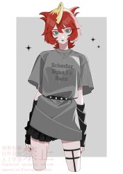 Rule 34 | 1girl, ahoge, belt, black skirt, blonde hair, closed mouth, detached sleeves, eyelashes, freckles, green eyes, grey shirt, highres, kana (kanna runa0620), looking at viewer, mela (pokemon), multicolored hair, nintendo, pokemon, pokemon sv, red hair, red nails, shirt, short hair, skirt, solo, team star, two-tone hair