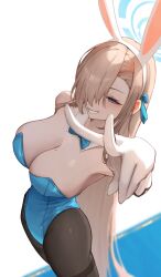 1girl absurdres animal_ear_hairband animal_ears asuna_(blue_archive) asuna_(bunny)_(blue_archive) bare_shoulders black_pantyhose blonde_hair blue_archive blue_bow blue_bowtie blue_eyes blue_halo blue_leotard bow bowtie breasts cleavage detached_collar edwin62293123 fake_animal_ears gloves grin hair_over_one_eye hairband halo hashtag-only_commentary highleg highleg_leotard highres large_breasts leotard long_hair looking_at_viewer mole mole_on_breast official_alternate_costume outstretched_arm pantyhose playboy_bunny rabbit_ear_hairband rabbit_ears reaching reaching_towards_viewer sidelocks simple_background smile solo strapless strapless_leotard thighband_pantyhose traditional_bowtie v very_long_hair white_background white_gloves