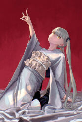 1girl arm_support arm_up bed_sheet black_boots black_scrunchie boots breasts brown_eyes closed_mouth expressionless fox_shadow_puppet frilled_sash full_body furisode furisode_sleeves grey_kimono grey_sash hand_up highres japanese_clothes kimono kneeling leaning_back long_hair long_sleeves looking_afar looking_to_the_side monogatari_(series) obi obijime oikura_sodachi owarimonogatari red_background rhinth sash scrunchie small_breasts solo twintails very_long_hair