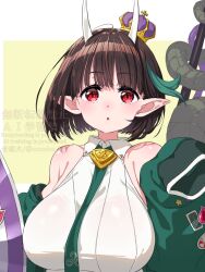 Rule 34 | 1girl, bare shoulders, biscione (fate), biscione (second ascension) (fate), black hair, blush, breasts, collared dress, crown, dragon girl, dragon tail, dress, fate/grand order, fate (series), green jacket, highres, horns, jacket, large breasts, long sleeves, looking at viewer, mini crown, multicolored hair, necktie, off shoulder, onsoku inu, open clothes, open mouth, pointy ears, polearm, red eyes, shield, short hair, solo, spear, streaked hair, tail, weapon, white dress