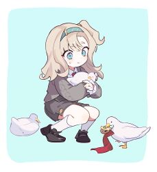 1girl absurdres animal animal_hug aqua_background bird black_footwear blue_eyes blue_hairband border deformed duck full_body grey_hair grey_shorts grey_sweater hairband highres holding holding_animal looking_at_animal matilda_bouanich medium_hair one_side_up p2kkut reverse:1999 shorts smile socks solo squatting sweat sweater white_border white_socks