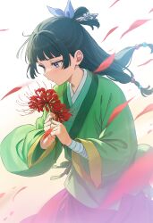 Rule 34 | 1girl, aoqun, blue eyes, chinese clothes, commentary request, cutlass (classic chocolate), flower, freckles, green hair, green hanfu, hanfu, highres, holding, holding flower, kusuriya no hitorigoto, long hair, maomao (kusuriya no hitorigoto), petals, red flower, solo, spider lily