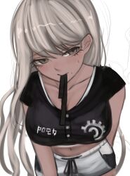 1girl alternate_hairstyle black_ribbon black_shirt blush breasts buttons collarbone commentary_request dark-skinned_female dark_skin grey_background grey_eyes grey_hair hair_down hair_ribbon highres kawana_tsubasa large_breasts long_hair looking_at_viewer midriff mole mouth_hold navel re_rerere ribbon shirt short_sleeves shorts simple_background solo sweatdrop the_hundred_line_-last_defense_academy- very_long_hair white_shorts