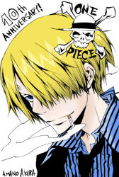Rule 34 | 1boy, amano akira, black necktie, blonde hair, blue shirt, cigarette, collared shirt, colorized, formal clothes, hair over one eye, jolly roger, loose clothes, loose shirt, male focus, monochrome, necktie, one piece, pinstripe pattern, pinstripe shirt, sanji (one piece), shirt, smoking, solo, straw hats jolly roger, striped, suit, third-party edit
