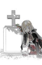 1girl aver_(yumenokessho) bang_dream! black_boots black_cape blonde_hair boots cape ccc_cloudy closed_eyes closed_mouth commentary_request cross doloris_(bang_dream!) facial_tattoo flower food fruit grass grave highres medium_hair misumi_uika outdoors red_shorts shorts smile solo strawberry tattoo thigh_boots tombstone white_flower yumenokessho