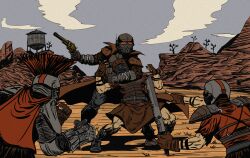4boys absurdres armor black_boots blue_sky boots bracer bulletproof_vest caesar&#039;s_legion cloud denim desert duster f3lla fallout fallout:_new_vegas fingerless_gloves gas_mask gloves gun handgun helmet highres hill human_shield jeans leather_armor legionary_(fallout) machete mask multiple_boys ncr_veteran_ranger new_california_republic pants pauldrons power_fist revolver shoulder_armor single_bracer sky strangling tree water_tower weapon