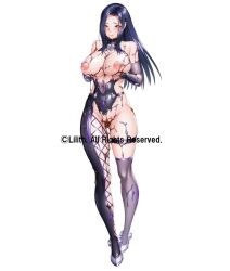 1girl :&gt;= bankoin_mange bodysuit breasts breasts_squeezed_together chocolate copyright_name curvy full_body grabbing_own_breast highleg highleg_leotard highres large_breasts leotard lilith-soft long_hair looking_at_viewer naughty_face nobushito_kuro shiny_clothes shiny_skin taimanin_(series) taimanin_rpgx torn_bodysuit torn_clothes torn_leotard wide_hips