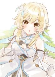 1girl bare_shoulders blonde_hair blush breasts brown_eyes cleavage commentary_request dress flower from_above genshin_impact hair_between_eyes hair_flower hair_ornament highres looking_at_viewer looking_up lumine_(genshin_impact) medium_breasts parted_lips rino_cnc solo twitter_username white_dress white_flower
