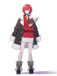 1girl ange_katrina ange_katrina_(1st_costume) ankle_boots black_boots black_coat book boots cardigan closed_mouth coat coat_on_shoulders commentary_request crossed_bangs dot_nose dress full_body hair_between_eyes hair_ornament highres holding holding_book inumoto light_blush long_bangs looking_at_viewer nijisanji open_book open_clothes open_coat red_cardigan red_hair shadow short_dress short_hair simple_background sleeves_past_wrists smile solo standing triangle_hair_ornament virtual_youtuber white_background white_dress