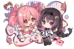 2girls ai_xiao_meng akemi_homura braid commentary dated envelope food fruit full_body gloves grey_skirt hair_between_eyes hair_ornament hair_ribbon hairband heart highres holding_hands kaname_madoka kyubey long_hair long_sleeves looking_at_viewer mahou_shoujo_madoka_magica multiple_girls neck_ribbon open_mouth pink_eyes pink_hair pink_ribbon pleated_skirt puffy_short_sleeves puffy_sleeves purple_eyes purple_ribbon red_shoes ribbon shirt shoes short_sleeves skirt smile socks strawberry twin_braids twintails very_long_hair white_shirt white_skirt white_socks