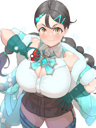 1girl absurdres alternate_costume blush breasts candice_(pokemon) cleavage creatures_(company) game_freak highres hizakake huge_breasts nintendo off_shoulder poke_ball poke_ball_(basic) pokemon pokemon_dppt simple_background solo thick_thighs thighs twintails white_background