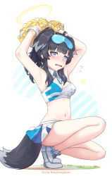 1girl absurdres armpits arms_up bare_shoulders batazungharn black_hair blue_archive blue_eyes blue_ribbon blush breasts cheerleader eyewear_on_head flying_sweatdrops goggles goggles_on_head hibiki_(blue_archive) hibiki_(cheer_squad)_(blue_archive) highres long_hair looking_at_viewer medium_breasts medium_hair millennium_cheerleader_outfit_(blue_archive) miniskirt multicolored_hair navel open_mouth pom_pom_(cheerleading) ribbon shoes skirt sneakers squatting thighs white_skirt