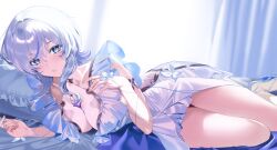 1girl absurdres armlet bad_id bad_pixiv_id bedroom blue_dress blue_eyes blue_hair blurry blurry_background breasts commentary_request dress grape_fruit_(vyvr8457) hand_on_own_chest heel-less_heels highres indoors jewelry large_breasts light_blush lying medium_hair on_bed on_side parted_lips partial_commentary sandals shorekeeper_(wuthering_waves) sleeveless sleeveless_dress solo white_sandals wuthering_waves