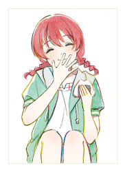 1girl ^_^ artbook braid brown_hair closed_eyes eating emma_verde facing_viewer food freckles green_hood highres holding holding_food hood jacket long_hair love_live! love_live!_nijigasaki_high_school_idol_club neo_sky_neo_map!_(love_live!) non-web_source official_art onigiri short_sleeves simple_background sitting smile solo twin_braids twintails white_background