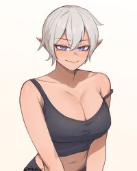 1girl artist_name breasts cleavage closed_mouth collarbone crop_top dark-skinned_female dark_elf dark_skin double-parted_bangs elf grey_background grey_hair highres large_breasts looking_at_viewer navel nokaa_aru original pointy_ears purple_eyes short_hair simple_background smile solo upper_body