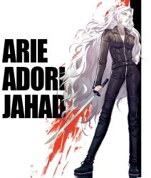 1girl adori_zahard black_jacket black_pants black_shoes blood character_name closed_mouth collared_jacket commentary commission english_commentary eyelashes full_body highres holding holding_sword holding_weapon jacket kapxapius kill_bill long_hair long_sleeves pale_skin pants poster_parody second-party_source shoes simple_background solo standing sword tower_of_god very_long_hair weapon white_background white_eyes white_hair