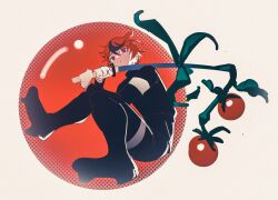 1boy absurdres armband black_hair black_jacket black_pants closed_mouth commentary_request food gloves hair_between_eyes highres holding holding_sword holding_weapon jacket last_defense_academy_school_uniform male_focus multicolored_hair pants red_hair ringed_eyes runehuton801 school_uniform simple_background sitting solo sumino_takumi sword the_hundred_line_-last_defense_academy- tomato weapon white_armband white_gloves