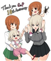 4girls aged_down animal anniversary asyura_kumo black_skirt blue_eyes brown_eyes brown_hair bug carrying commentary dress_shirt english_text girls_und_panzer green_skirt grey_hair grey_shirt hair_bobbles hair_ornament highres holding holding_animal itsumi_erika kuromorimine_military_uniform lifting_person long_sleeves looking_at_another medium_hair miniskirt multiple_girls nishizumi_miho ooarai_school_uniform open_mouth overall_shorts overalls pink_overalls pleated_skirt pointing red_sandals red_shoes sailor_collar sandals school_uniform serafuku shirt shoes short_hair shoulder_carry simple_background skirt smile sneakers standing sweatdrop time_paradox white_background white_sailor_collar white_shirt wing_collar