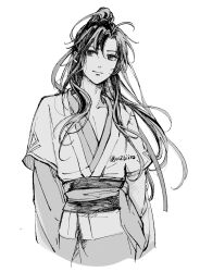 1boy ahoge bishounen chinese_clothes closed_mouth collarbone greyscale hair_ribbon hanfu highres long_hair long_sleeves looking_at_viewer male_focus modao_zushi monochrome pectoral_cleavage pectorals ponytail ribbon robe sash simple_background smile solo twitter_username upper_body w2biiro wei_wuxian white_background