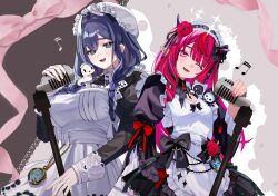 2girls :d ;d absurdres apron black_dress bloom_(irys) blue_eyes blue_hair blunt_bangs boros_(ouro_kronii) bow braid breasts brooch cho_913 collared_dress commentary commission dress drill_hair drill_sidelocks embroidery flower frilled_apron frilled_hat frills gloom_(irys) hair_bow hair_flower hair_intakes hair_ornament hair_over_shoulder hat head_tilt highres holding holding_microphone_stand hololive hololive_english horns irys_(hololive) irys_(maid)_(hololive) jewelry juliet_sleeves lace lace-trimmed_dress lace_trim large_breasts long_dress long_hair long_sleeves looking_at_viewer low_twin_braids maid maid_apron maid_headdress microphone_stand mob_cap multicolored_hair multiple_girls nail_polish official_alternate_costume official_alternate_hairstyle one_eye_closed open_mouth ouro_kronii ouro_kronii_(maid) pink_eyes pink_nails pointy_ears puffy_sleeves puritan_collar purple_hair red_hair rose sidelocks sleeve_cuffs smile star-shaped_pupils star_(symbol) streaked_hair symbol-shaped_pupils twin_braids victorian_maid virtual_youtuber waist_bow white_apron white_hat
