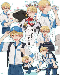 1boy ^_^ animal animal_ears animal_print arm_up backpack bag bandana baseball_cap bell bicycle blonde_hair blue_pants blush bottle closed_eyes collared_shirt commentary cow cow_ears cow_print cowbell denim drinking fake_animal_ears fur_sleeve_cuffs glass_bottle hair_between_eyes hand_on_headwear hand_to_own_mouth hat highres holding holding_bottle horns jeans leg_up looking_ahead looking_at_viewer male_focus milk milk_bottle multicolored_clothes multicolored_shirt multiple_views open_mouth orange_eyes pants partially_shaded_face petting printer project_sekai red_bandana riding riding_bicycle running shachi_(kaisendon) shirt shoes short_sleeves simple_background smile sneakers sparkle speech_bubble star_(symbol) surprised sweatdrop teeth tenma_tsukasa thought_bubble translation_request upper_teeth_only white_background white_footwear white_fur wide_sleeves