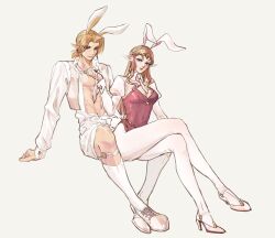 1boy 1girl abs alternate_costume animal_ear_hairband animal_ears blonde_hair breasts cleavage commentary cropped_jacket crossed_legs detached_collar fake_animal_ears full_body hairband high_heels invisible_chair jacket kneehighs kurokawa_karasu leotard link long_hair looking_at_viewer muscular muscular_male navel necktie nintendo open_clothes open_jacket pantyhose pink_leotard playboy_bunny pointy_ears princess_zelda puffy_sleeves rabbit_ear_hairband rabbit_ears shoes short_necktie shorts simple_background sitting socks symbol-only_commentary the_legend_of_zelda the_legend_of_zelda:_ocarina_of_time tiara white_background white_jacket white_necktie white_pantyhose white_shoes white_shorts white_socks