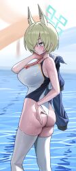 1girl absurdres alternate_hairstyle animal_ear_fluff animal_ears ass blonde_hair blue_archive blue_eyes blue_halo blush breasts commentary_request dog_ears dog_girl extra_ears from_behind halo highleg highleg_one-piece_swimsuit highres huge_ass kanna_(blue_archive) kanna_(swimsuit)_(blue_archive) large_breasts looking_at_viewer official_alternate_costume okokorika one-piece_swimsuit shallow_water short_hair skindentation solo swimsuit thick_thighs thighhighs thighs wading water waterpark white_thighhighs