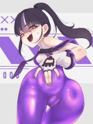1girl absurdres artist_request ass ass_focus bare_shoulders black_hair blush bodysuit breasts cameltoe cosplay deep_skin embarrassed eve_(stellar_blade) eve_(stellar_blade)_(cosplay) fang fingerless_gloves from_behind gloves goddess_of_victory:_nikke grabbing_own_ass highres huge_ass large_breasts long_hair looking_back looking_down multicolored_hair open_mouth ponytail purple_eyes purple_hair sideboob skin_fang skin_tight smile solo sweat syuen_(nikke) wavy_mouth