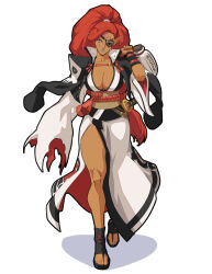1girl artist_name baiken baiken_(cosplay) black_sandals blue_eyes blue_lips breasts closed_mouth collarbone cosplay dark-skinned_female dark_skin eyepatch facial_mark facing_viewer guilty_gear guilty_gear_strive holding japanese_clothes katana large_breasts long_hair looking_at_viewer meziosaur nintendo red_hair sandals scar scar_on_face smile solo sword the_legend_of_zelda the_legend_of_zelda:_breath_of_the_wild urbosa very_long_hair weapon