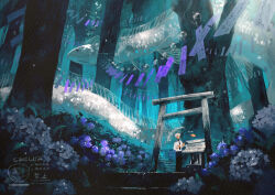 1boy absurdres animal aqua_flower aqua_theme black_eyes black_necktie black_pants bush closed_mouth collared_shirt commentary_request crossed_bangs day double-parted_bangs dress_shirt expressionless fantasy fish flower forest hair_between_eyes hands_up highres holding holding_umbrella jimini_shijimi long_bangs nature necktie original outdoors oversized_animal pants path plant purple_flower road shirt short_hair shrine solo stairs standing sunlight torii transparent transparent_umbrella tree umbrella very_wide_shot watermark white-haired_man_(jimini_shijimi) white_hair white_shirt