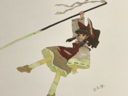1girl arm_up ascot black_hair black_shoes bow commentary detached_sleeves frilled_bow frilled_hair_tubes frills full_body gohei hair_bow hair_tubes hakurei_reimu highres holding holding_gohei long_hair long_sleeves marker_(medium) red_bow red_shirt red_skirt ribbon-trimmed_collar ribbon_trim shiratama_(hockey) shirt shoes signature skirt sleeveless sleeveless_shirt socks solo sunlight symbol-only_commentary touhou traditional_media white_shirt white_sleeves white_socks yellow_ascot