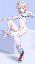 1girl ;q absurdres asymmetrical_legwear blonde_hair blue_background blush breasts covered_navel full_body highres hololive hololive_dev_is leotard looking_at_viewer loose_socks one_eye_closed purple_eyes purple_nails shoes short_hair shrug_(clothing) simple_background single_thighhigh sitting small_breasts sneakers socks solo sugarillust thighhighs thighs todoroki_hajime tongue tongue_out two_side_up uneven_legwear v virtual_youtuber white_leotard white_shoes white_socks