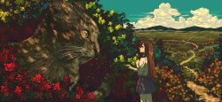 1girl absurdres animal animal_focus artdroiiid_ii blue_sky brown_hair cat cloud commentary concept_art cowboy_shot day english_commentary field flower from_side green_flower grey_skirt hair_over_shoulder highres hill long_hair looking_at_animal miniskirt mountainous_horizon nature orange_flower original outdoors oversized_animal path pleated_skirt red_flower road scenery school_uniform shirt shirt_tucked_in short_sleeves skirt sky solo straight_hair summer_uniform white_shirt wide_shot yellow_flower