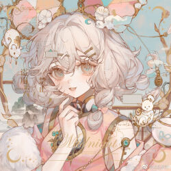 1girl animal_ears aqua_bow bare_shoulders blue_eyes blue_sky bow braid china_dress chinese_clothes collared_dress commission crescent crossed_bangs detached_sleeves dress eyelashes flower fur_shawl grey_hair hair_between_eyes hair_bow hair_flower hair_intakes hair_ornament hairclip hand_on_own_chin happy high_collar light_blush long_sleeves looking_at_viewer mandarin_collar mouse_(animal) mouse_ears open_mouth original pink_bow pink_dress pink_sleeves sample_watermark shawl short_hair_with_long_locks single_braid sky sleeveless sleeveless_dress smile smoke solo sparkle teapot teeth too_many_watermarks two-tone_bow upper_body upper_teeth_only watermark weibo_watermark white_flower white_shawl wide_sleeves x_hair_ornament xi_guapi
