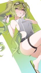 1girl absurdres alternate_costume awe_(adorableduckyy) bare_shoulders black_one-piece_swimsuit bracelet breasts covered_navel feet gradient_background green_background green_hair green_nails hair_between_eyes hand_on_own_face hand_up highres honkai_(series) honkai_impact_3rd jewelry knees_out_of_frame long_hair looking_at_viewer lying medium_breasts mobius_(honkai_impact) nail_polish on_back one-piece_swimsuit open_mouth orange_eyes sandals side_cut slit_pupils solo swimsuit thigh_strap toes twintails two-tone_background white_background