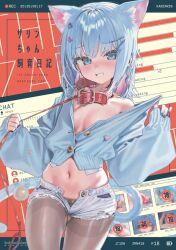 Rule 34 | 1girl, abstract background, animal collar, animal ear fluff, animal ears, blue eyes, blue hair, blue nails, blush, braid, breasts, brown pantyhose, buttons, cardigan pull, cat ears, cat girl, collar, commentary request, cowboy shot, crop top, cropped cardigan, cutoffs, denim, denim shorts, fingernails, grin, hair ornament, hairclip, hands up, heart pin, holding, holding leash, kanzarin, leash, long sleeves, looking at viewer, medium breasts, midriff, multicolored hair, nail polish, navel, no bra, open clothes, open fly, open shorts, original, pantyhose, partially unbuttoned, pink streaks, short shorts, shorts, side braid, single bare shoulder, sleeves past wrists, smile, solo, standing, streaked hair, torn clothes, torn shorts, white shorts
